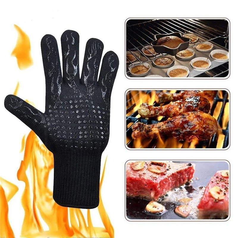 932F Heat Resistant Silicone Black Barbecue BBQ Gloves Flame proof Oven Mitt Non Slip Silicone Cooking Gloves Baking BBQ Grill