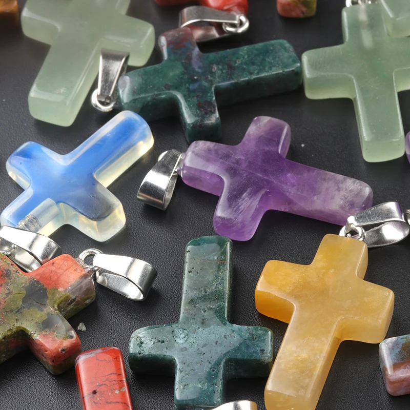 Natural Crystal Gemstones Jade Agate Cross Shaped Assorted Cross Charm Pendant Necklace For DIY Jewelry Making