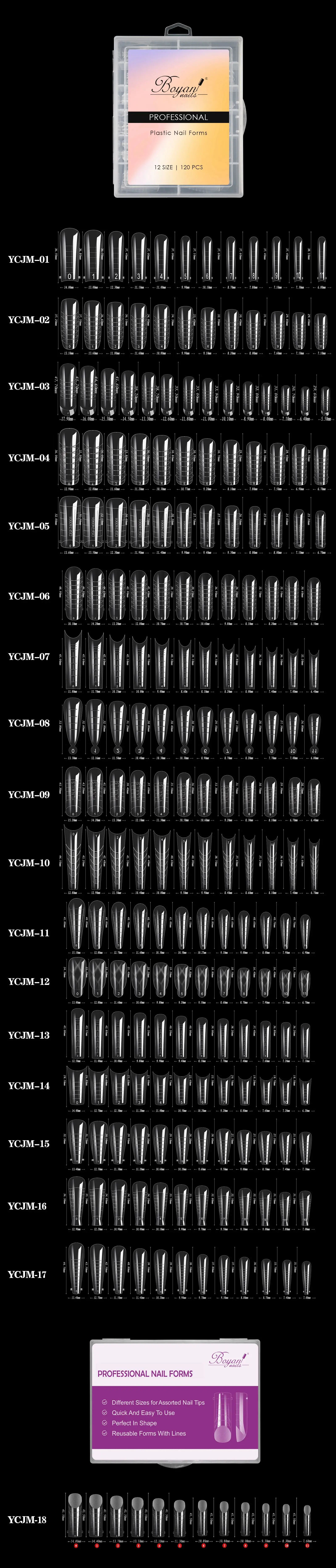 Custom 120pcs 12 sizes clear full cover extension tips plastic nail dual form tools