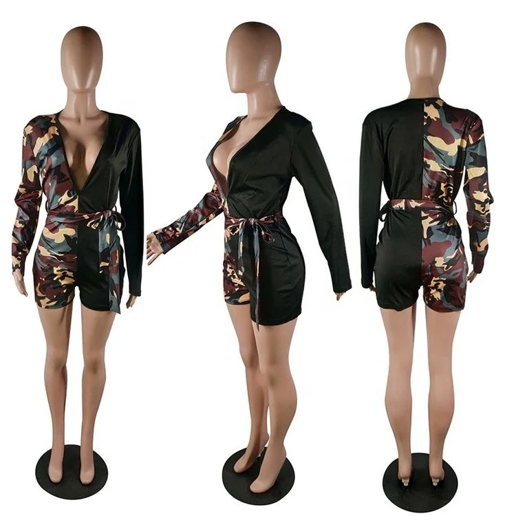 S504  new design deep V neck camouflage bodycon short Rompers Womens Casual Jumpsuit 2020