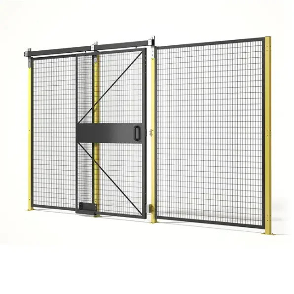 Eco-Friendly Black Mesh Panels with Yellow Posts for Sustainable Safety Fencing of Robotic Work Cells