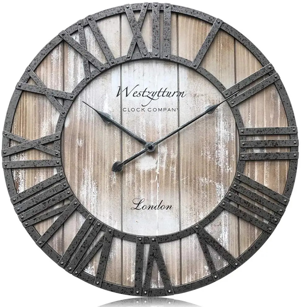Wood Clock 18 inches Large Farmhouse Wooden Wall Clock Rustic Decorative Antique Battery Operated Non Ticking Round Big Clocks