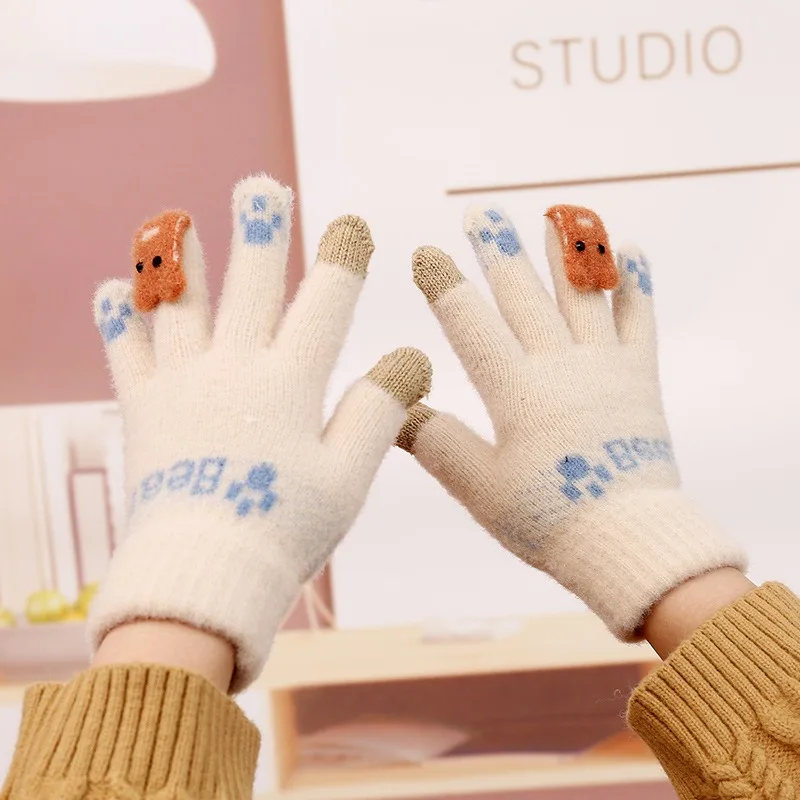 New Winter Warm Knit Gloves for Women Cute Bear Five Fingers Touch Screen Gloves Female Made of Soft Cashmere Wool