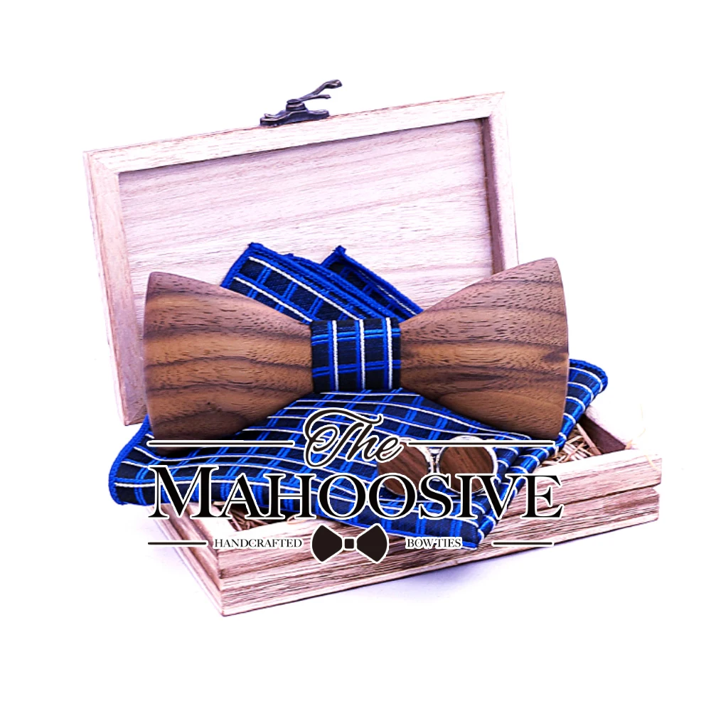 3D ореховый деревянный галстук-бабочка Пейсли, темно-синий клетчатый носовой платок, набор запонок для мужчин, Свадебные новые аксессуары, галстуки и коробка