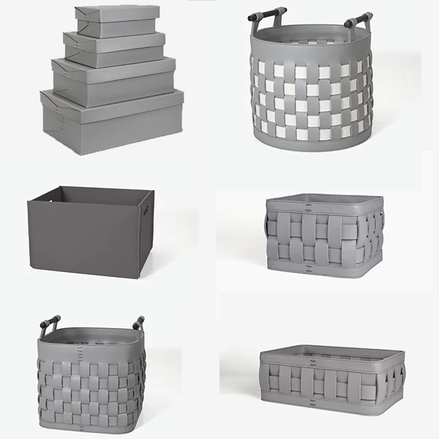 Wholesale custom PU or real cow Leather woven Storage box Basket with handle Organizer Home Decor clothing storage containers
