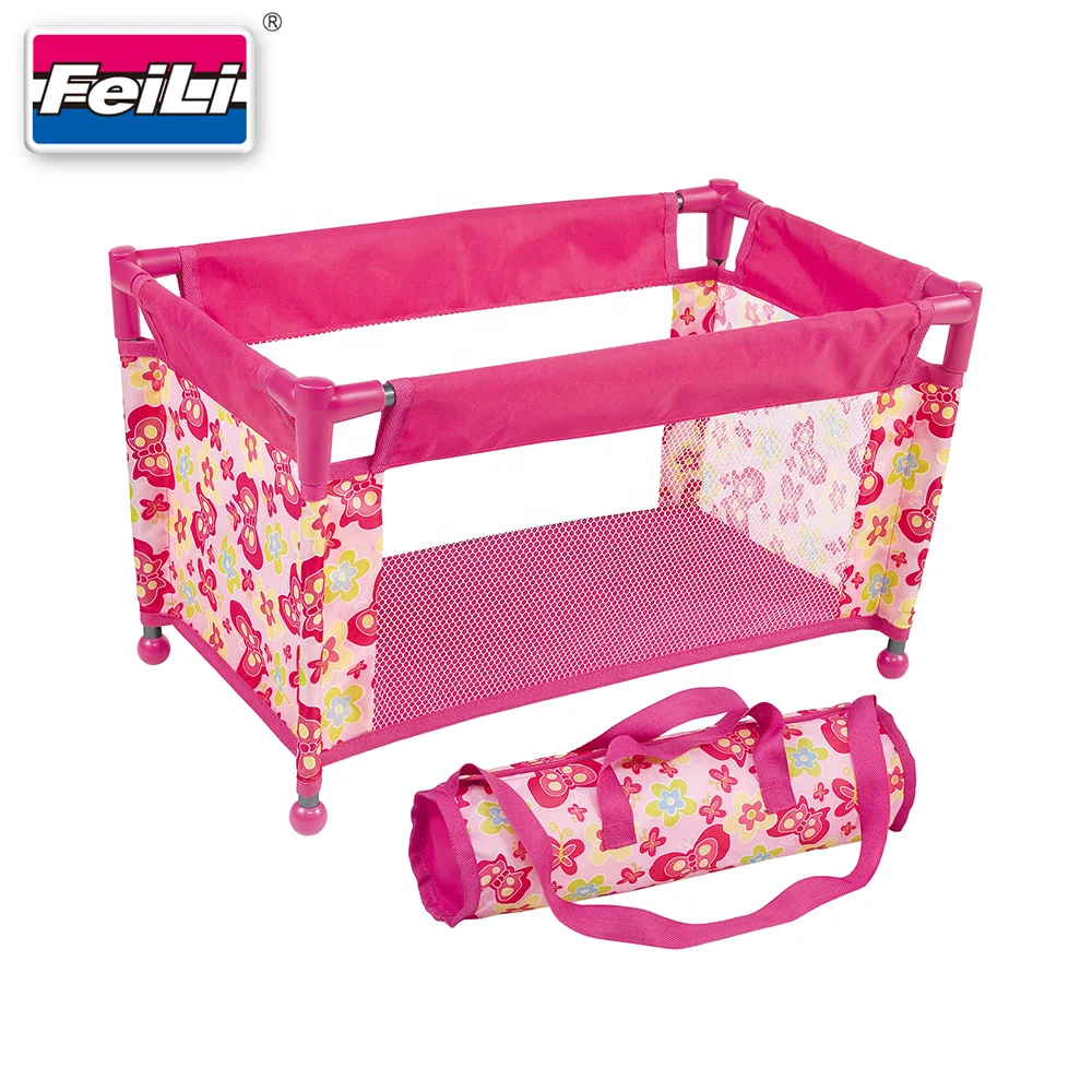 Fei Li toys Custom Baby dolls travel cot bed with carry bag for kids playing fit dolls up 18 inches metal doll playpen