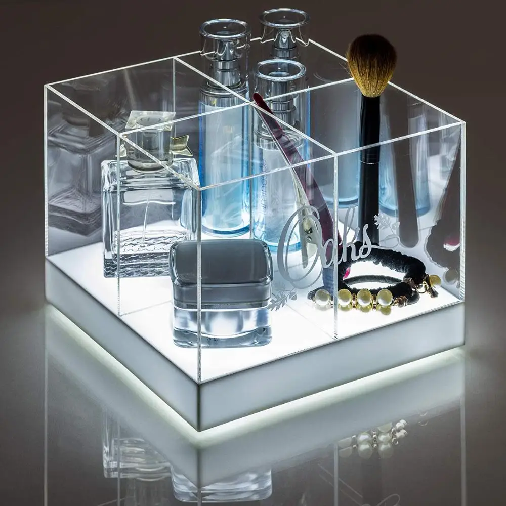 Acrylic LED-Lighted Office Desktop Display Stationery Organizer/Makeup Brushes Organizer/Pencil and Pen Case Holder, Storage Box