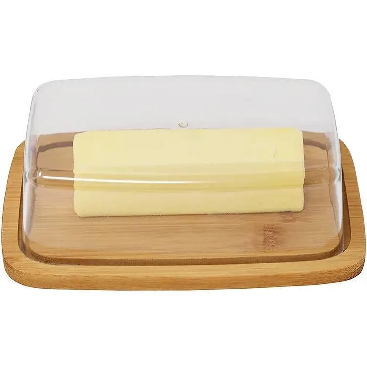 Glass-covered butter dish tray rectangular bamboo tray with glass butter bowl, box with lid for kitchen solid cheese container