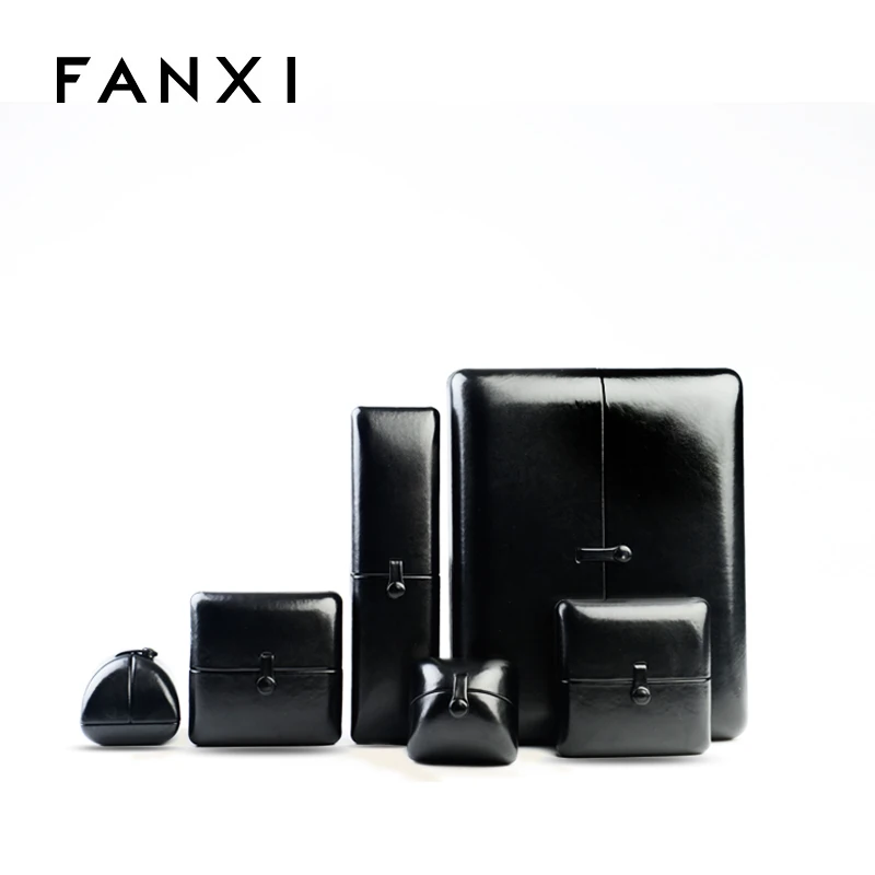 FANXI Custom Logo Black Glossy PU Leather Velvet Insert Box Double Door Ring Necklace Bangle Gift Plastic Jewelry Packaging Box