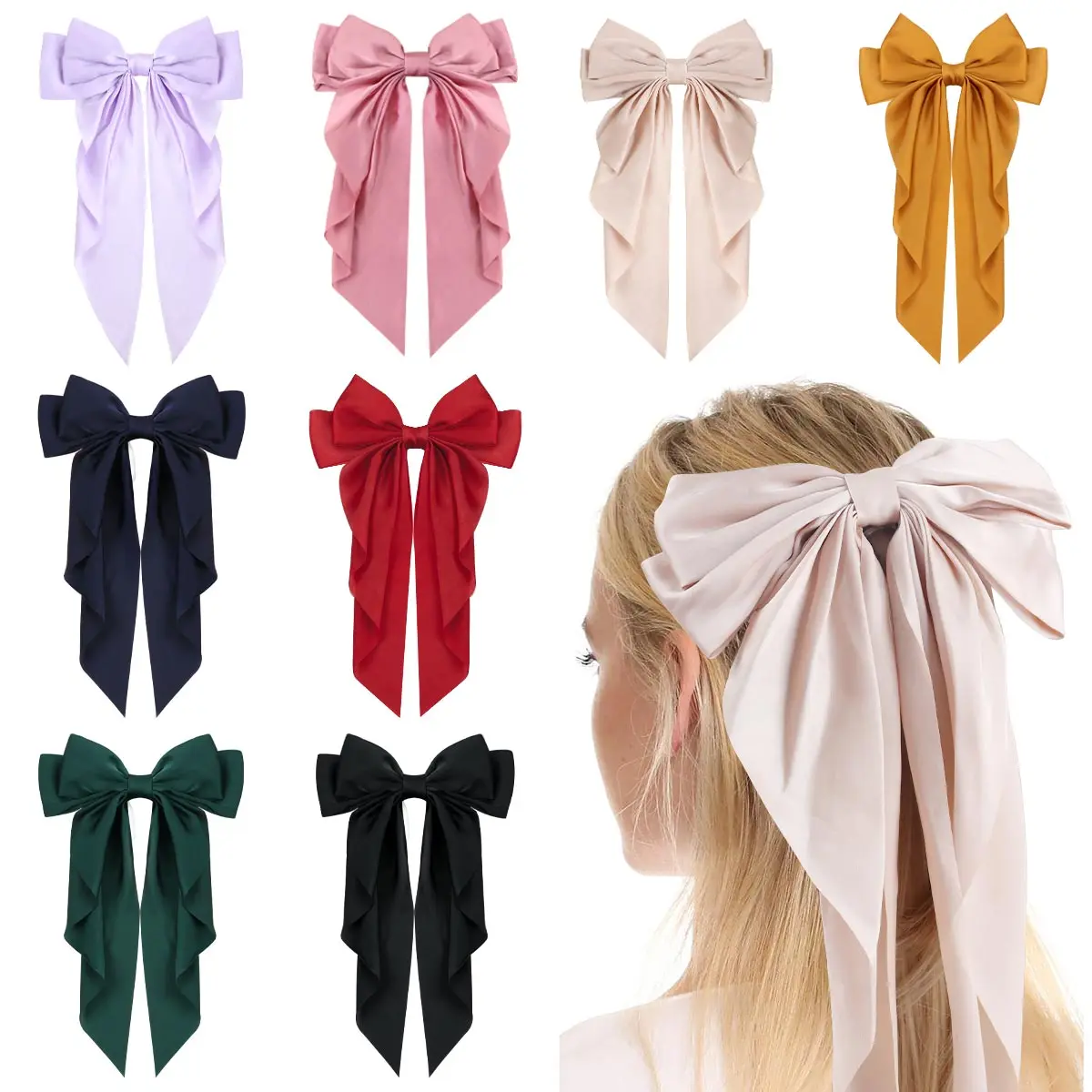 8 Inch Adult Big Bow Hair Clip Barrette for Women Solid Color Satin Large Hair Bows Girl Hair Accessories