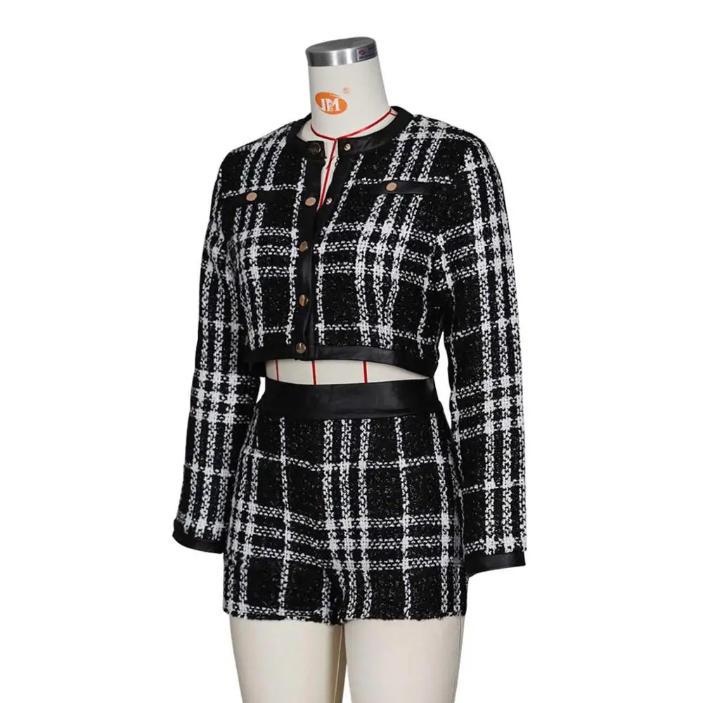 new arrival fall clothing plaid jacket and short pant 2 piece set women outfit