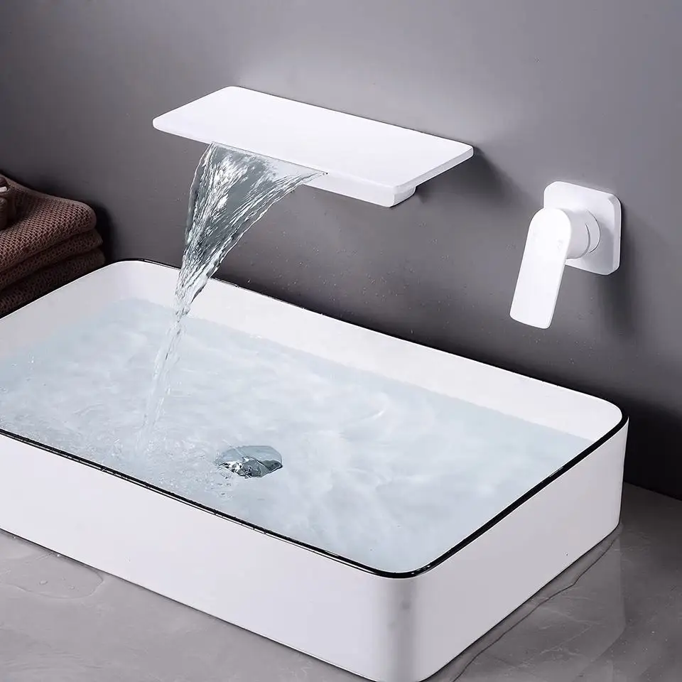 Матовый белый смеситель из твердой латуни Водопад для ванной комнаты смеситель для раковины с одной ручкой настенное крепление Смеситель для туалетной комнаты смеситель