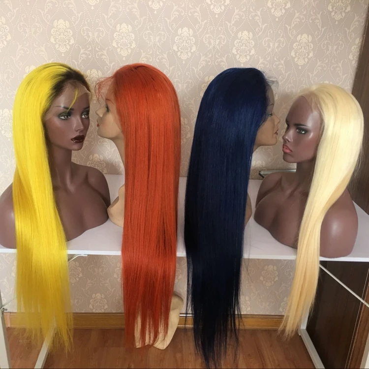 customized any red blonde orange blue yellow highlights brown color 100 raw Human Hair long Straight virgin Hair Front Lace Wigs