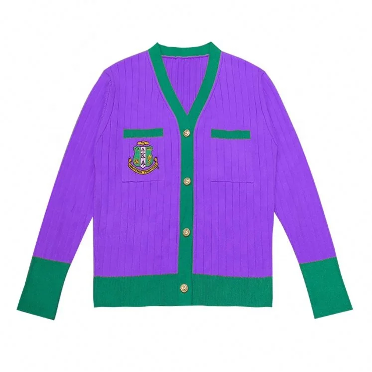 Factory Customized Aka 100% Cotton Knit Cardigan Patches Rib Light Knitting V-Neck Association Stander US Size Popular Sweater