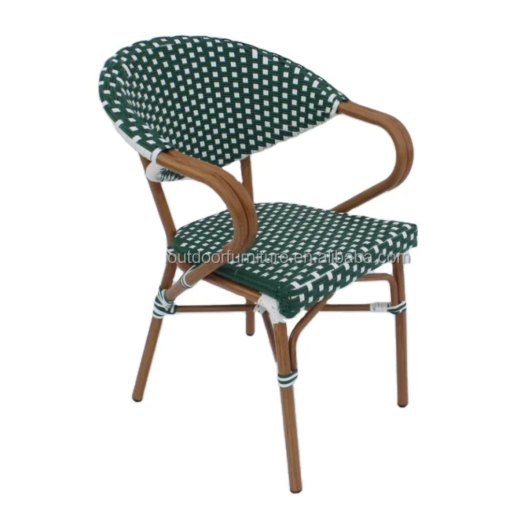 Cheap outdoor aluminium wooden color garden patio restaurant bistro stackable rattan garden chair