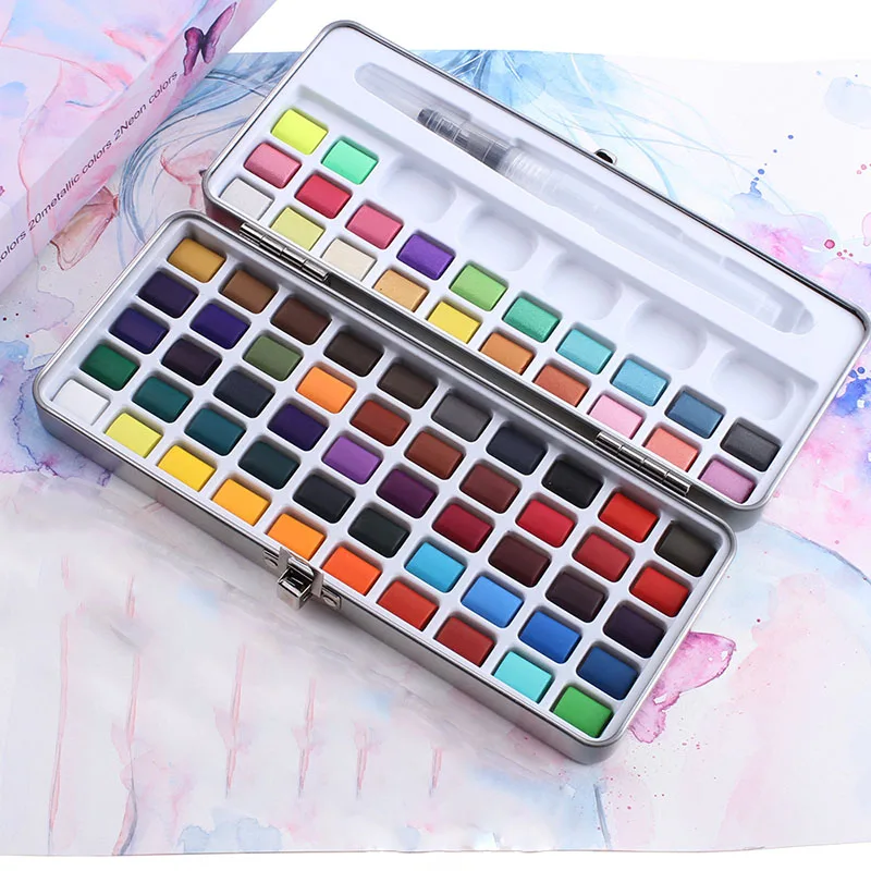 Professional Artist Grade 72 Colors 52 Regular Colors 20 Metallic Colors Solid Watercolor Paint Set for Painting