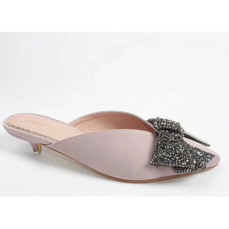 Ladies girls low heel satin party wedding fancy cushion diamante pointed mules slides shoes