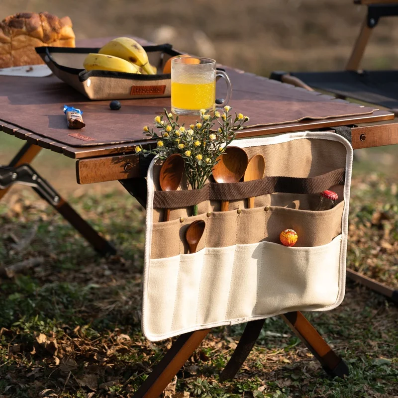 Heopono New Design 16oz Thick Cotton Canvas Multiple Pockets Kitchen Tableware Organizer Outdoor Storage Hanging Bag for Camping