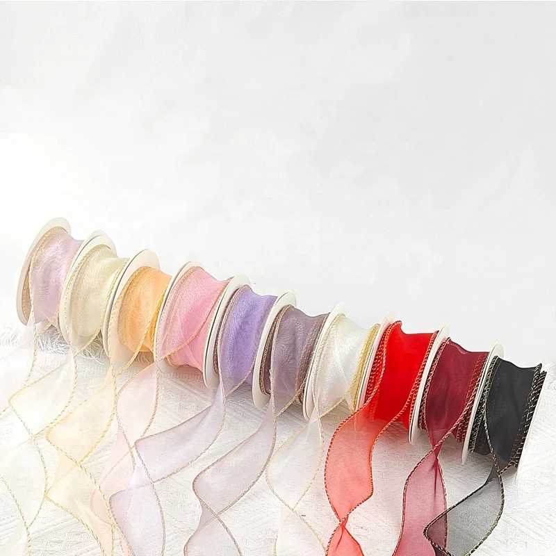 Custom Hologram Sheer Chiffon Silk White Pink Yellow Organza Ribbon For Wedding Bouquets Wrapping