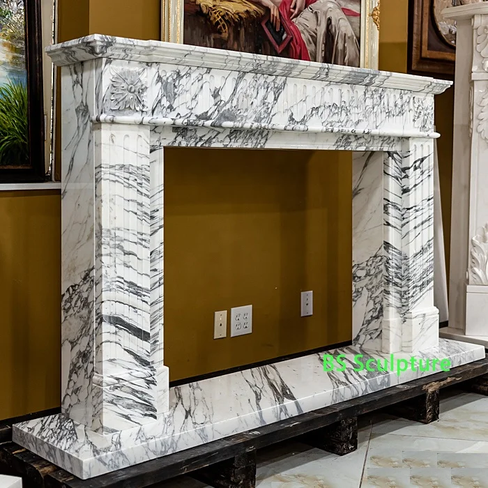 Luxury Italian Calacatta White Marble Freiplace Mantel Modern Sculpture