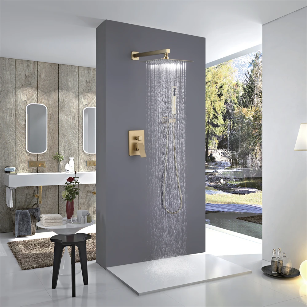 Wall Mounted New Design Brushed Golden Finished Ceramic Valve Core Brass Bath Shower Mixer Sets