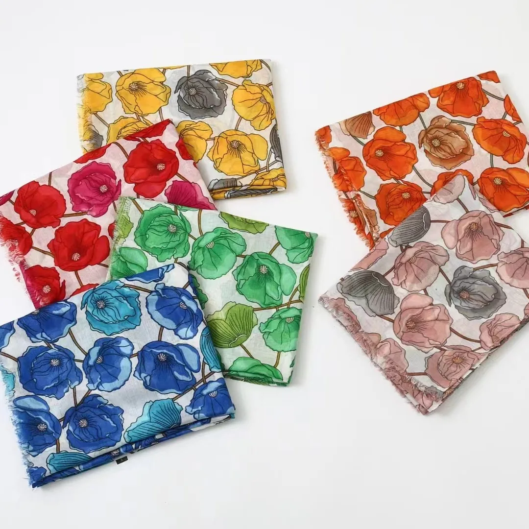 2024 New Big Poppy Print Fringe Scarf Shawls Beautiful Luxury Floral Beach Foulard Scarves Hijab Wrap 6 Color