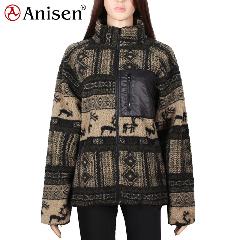 Low moq women sherpa fleece plaid jacket zip up custom logo winter women jacket with hood