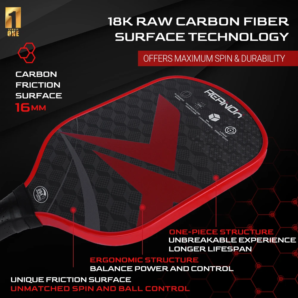 REANOX 18K 3D Pattern Thermoformed Raw Carbon Surface Racket Foam Injected Wall Premium Control Pickleball Paddle