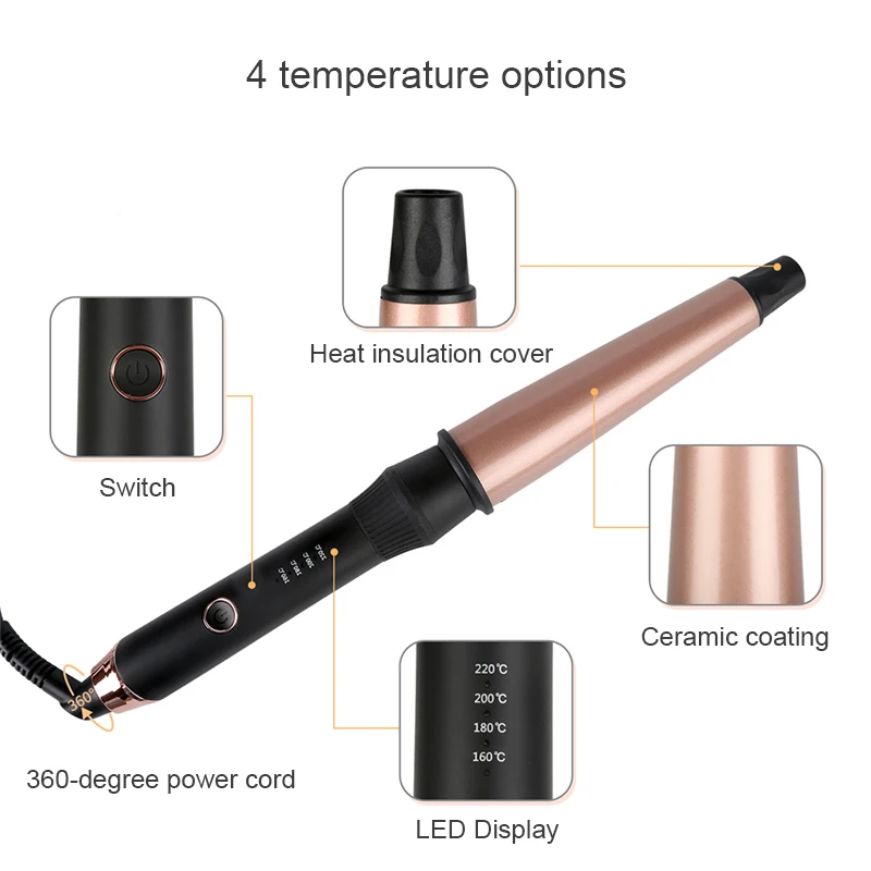 Pro Ceramic Conical Curling Wand, Digital Switch + 4 Heat Settings, 1-1.5 inch hair curling iron, Black/Pink