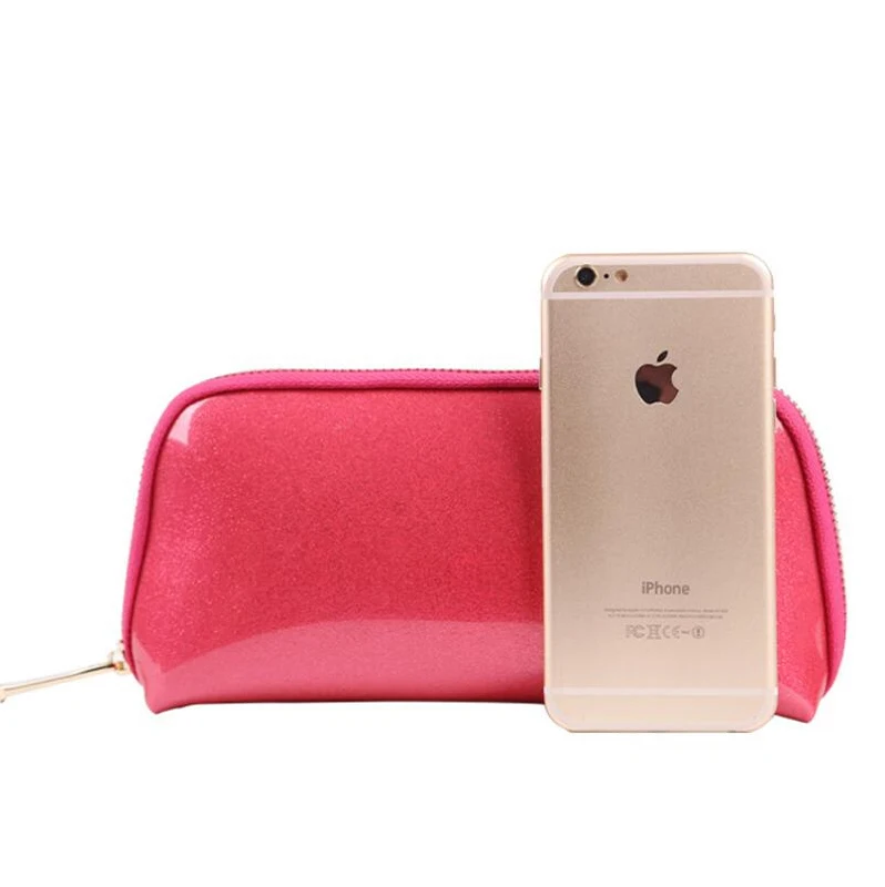 Women Cosmetic Bags PU Patent Leather Long Clutch Purse Case Waterproof Wristlet Makeup Bag