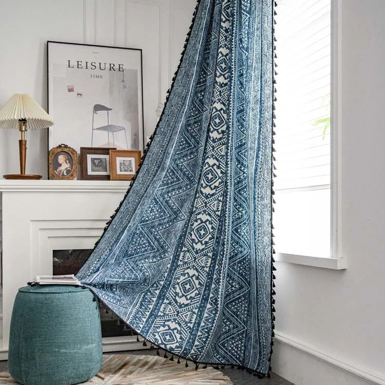 Retro Countryside Bohemian Tassel  Curtain Cotton Linen Printed Blue Curtains  for Kitchen  Bedroom Blackout Window Curtains
