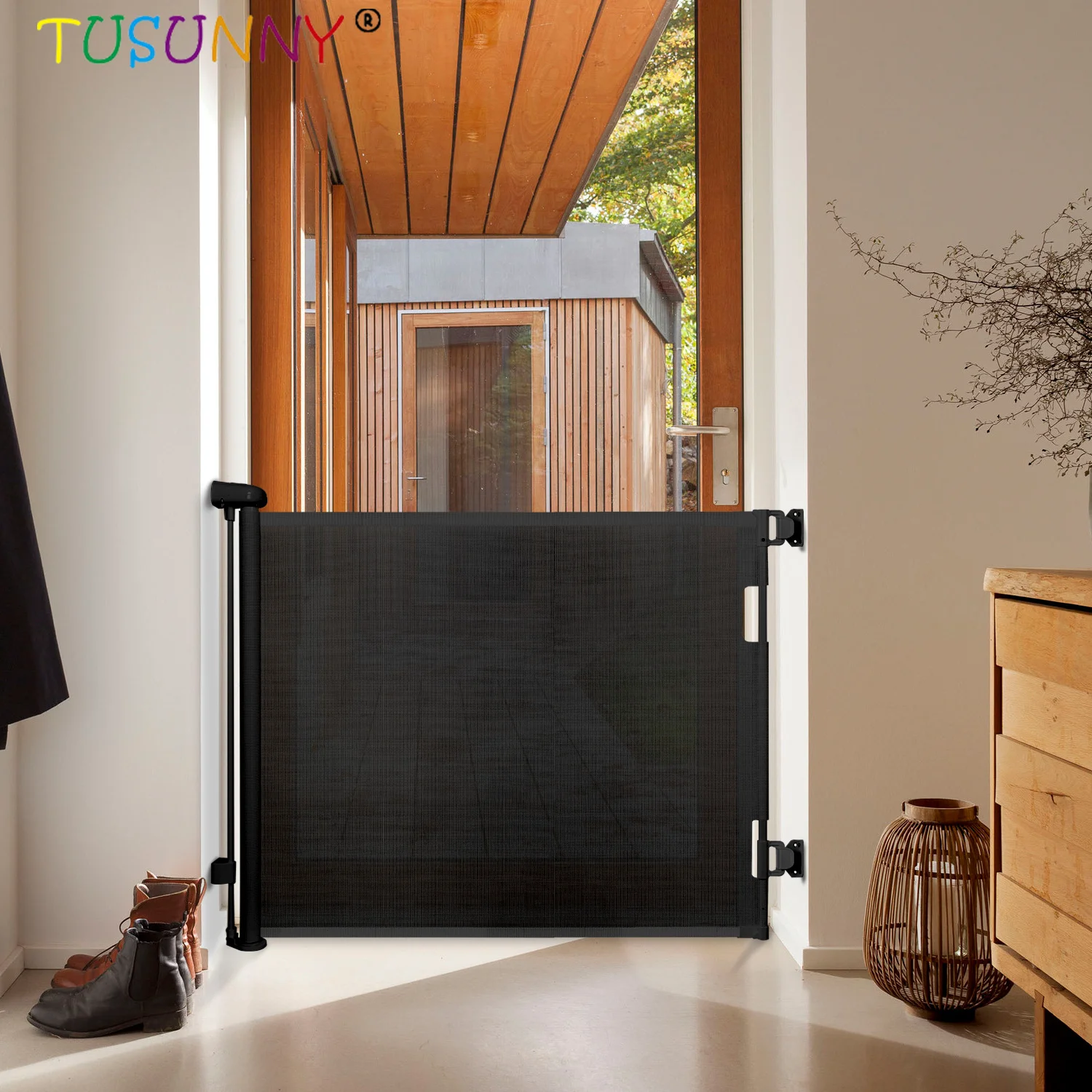 Retractable Baby Gate, Extra Wide Safety Kids or Pets Gate, 34 Tall, Extends to 55 Wide, Mesh Safety Dog Gate