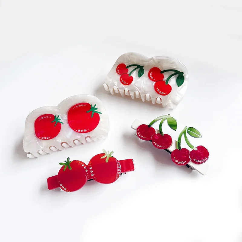 Wholesale summer Cute Girl Hair Clip Strawberry watermelon Crystal Hair Clamp fruit point drill acetate Hair Claw