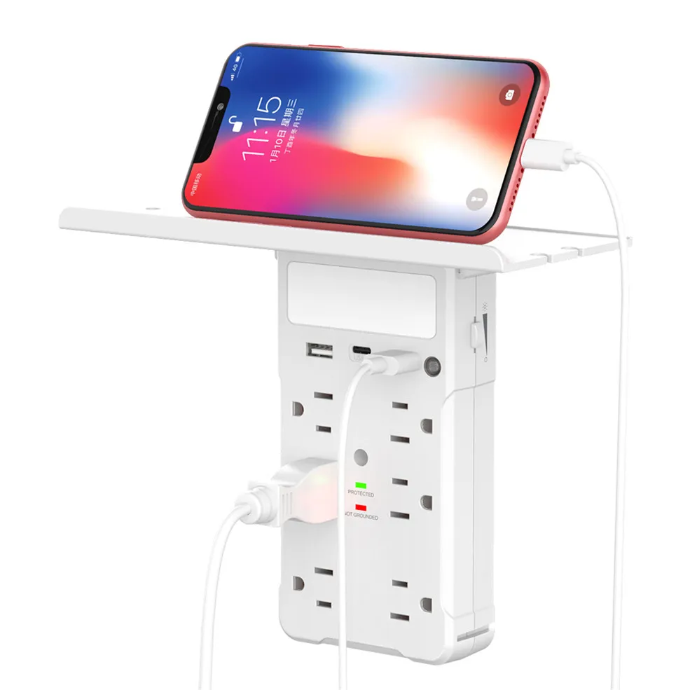 
Wall outlet tap switch 6 AC rack extender surge protector plug outlet shelf with night light 