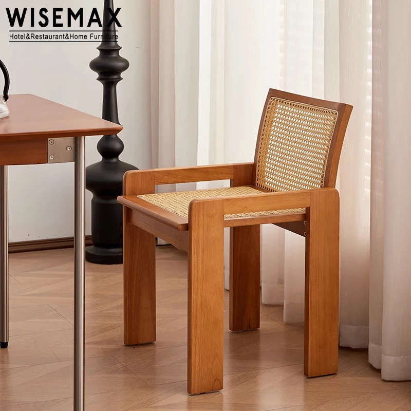 WISEMAX FURNITURE Retro style kitchen furniture solid wood rattan recliner backrest armrest single leisure chairs for restaurant