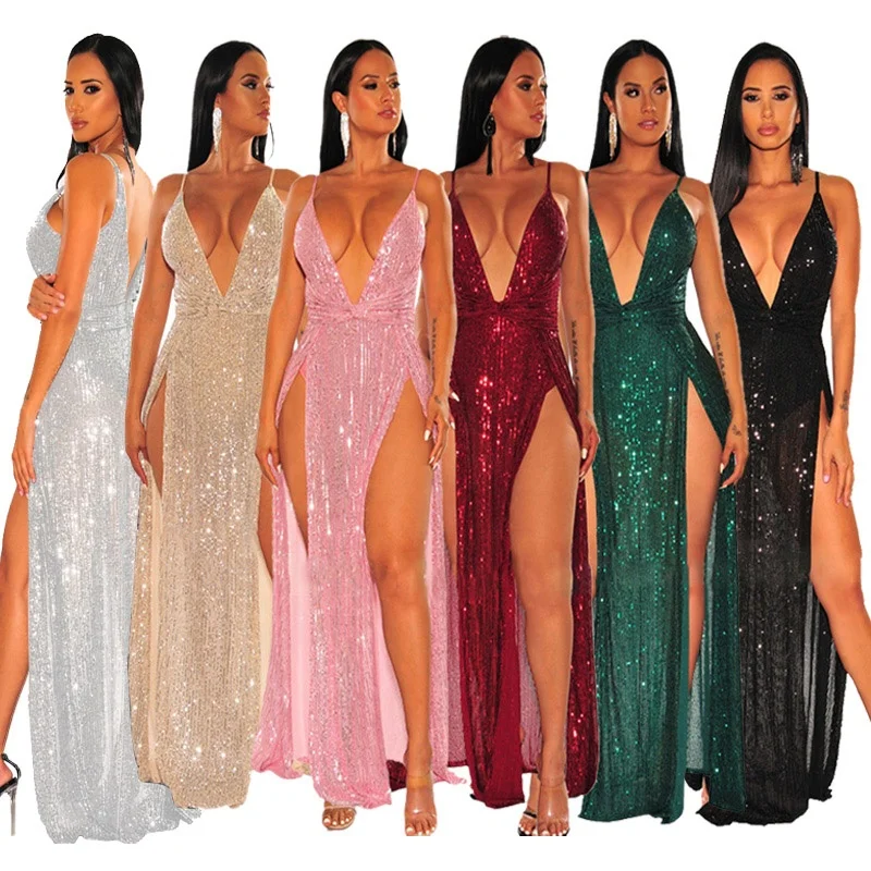 
Custom fashion sleeveless deep v-neck shiny sexy party dresses for ladies 