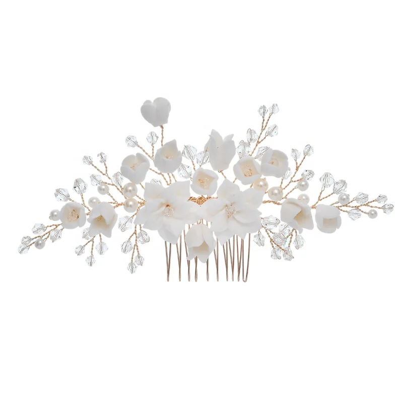 Fashion Ceramics Floral Headpiece Bridal Gold Hair Comb Pearls Women Prom Hair Pin Jewelry Wedding Accessories