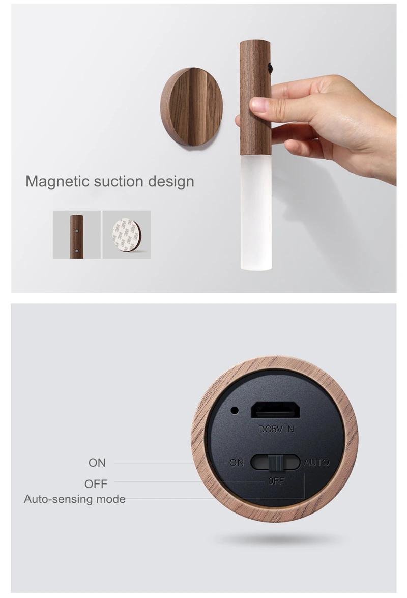 Modern Mini Wooden LED Night Light 500mAh Rechargeable Wall Lamp with Intelligent Body Sensor for Bedroom or Home Use