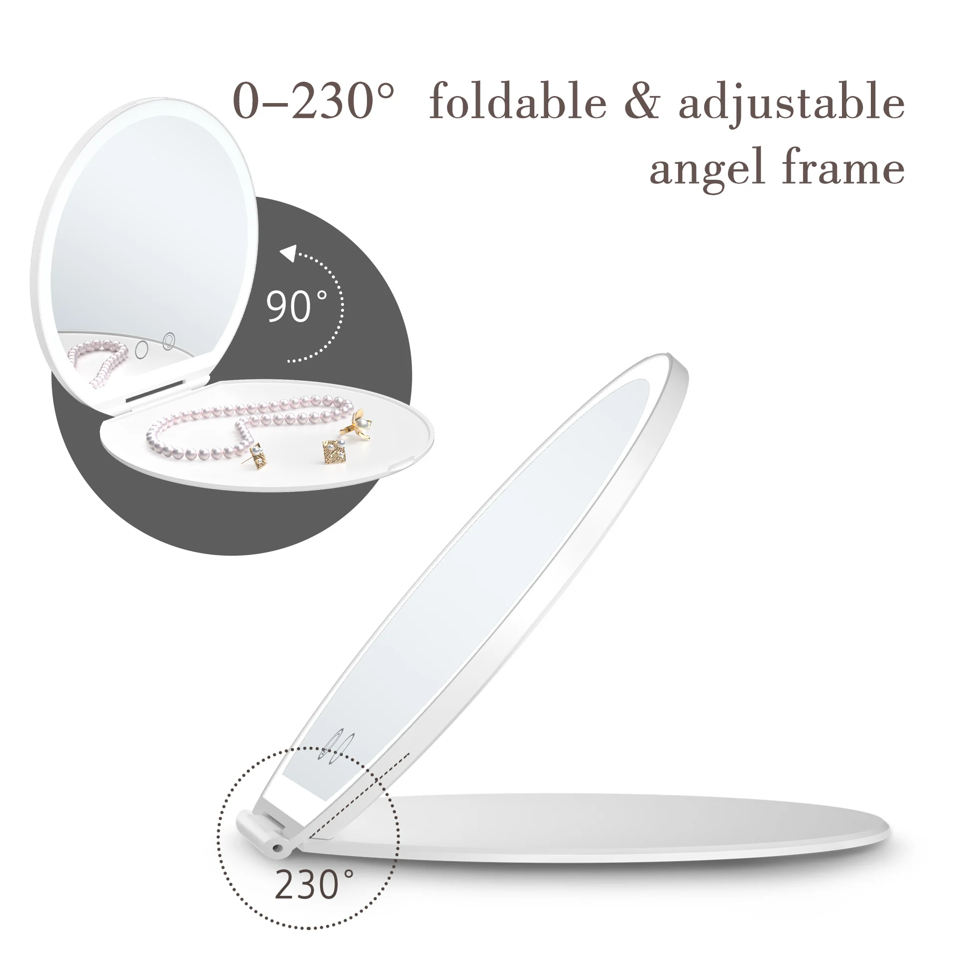 2023 New Arrivals Half Round Rechargeable Travel Makeup Mirror with Lights LED Portable Cosmetic Compact Mirror With Cover Case