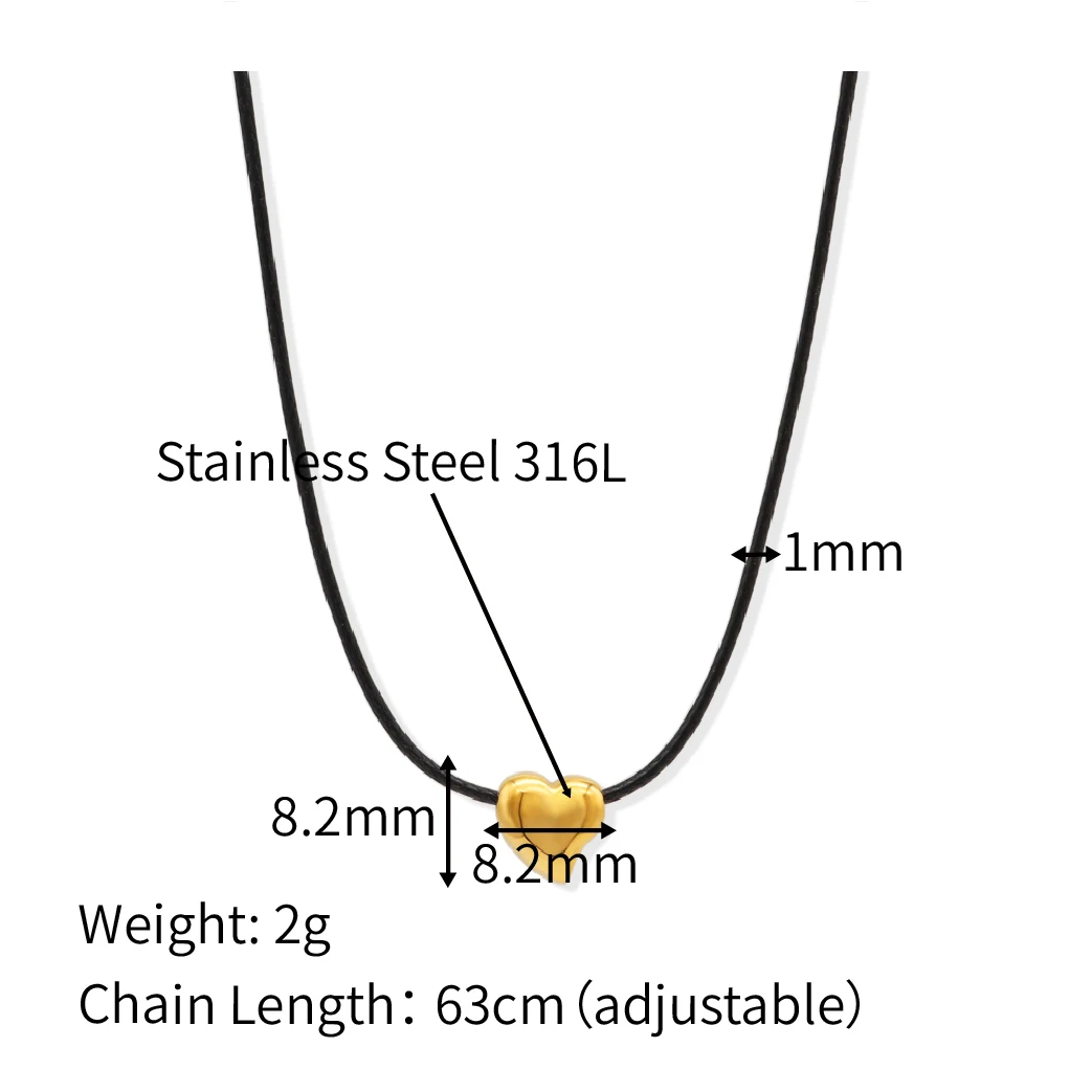 Chris April PVD gold plated 316L stainless steel hand crafting wax rope hollow heart charm chain necklace