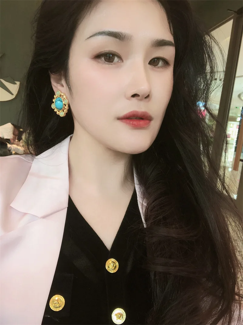 Retro palace style jewelry geometric studs earrings golden turquoise earrings