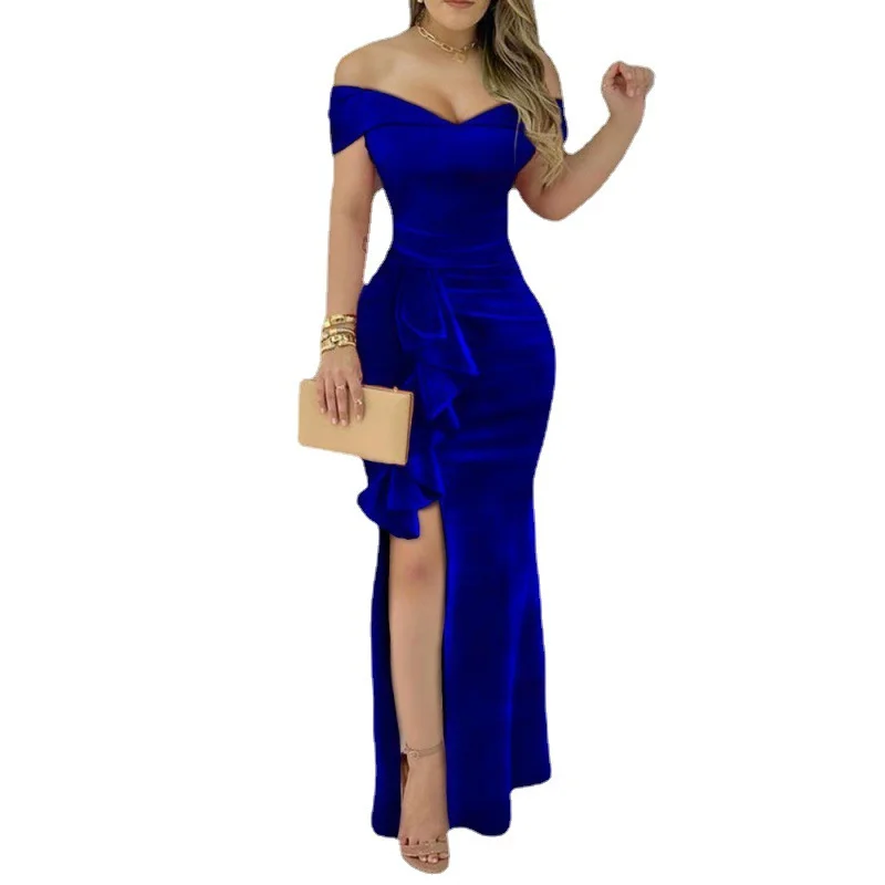 New Off Shoulder dresses for women party wedding evening velvet V neck dresses women lady elegant evening gown dress elegant