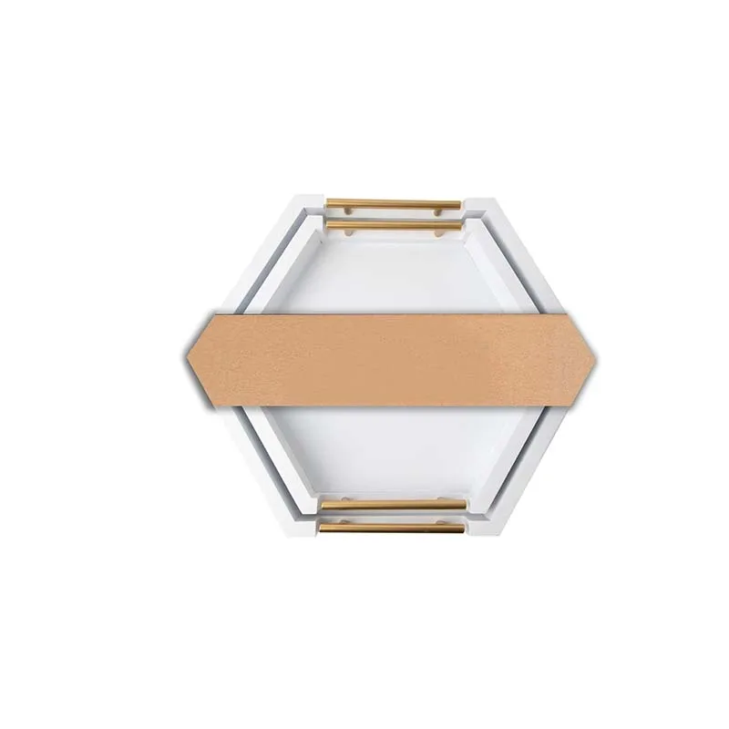 Wooden white tray with gold handle, wooden hexagonal nested tray suitable for food decoration, coffee table