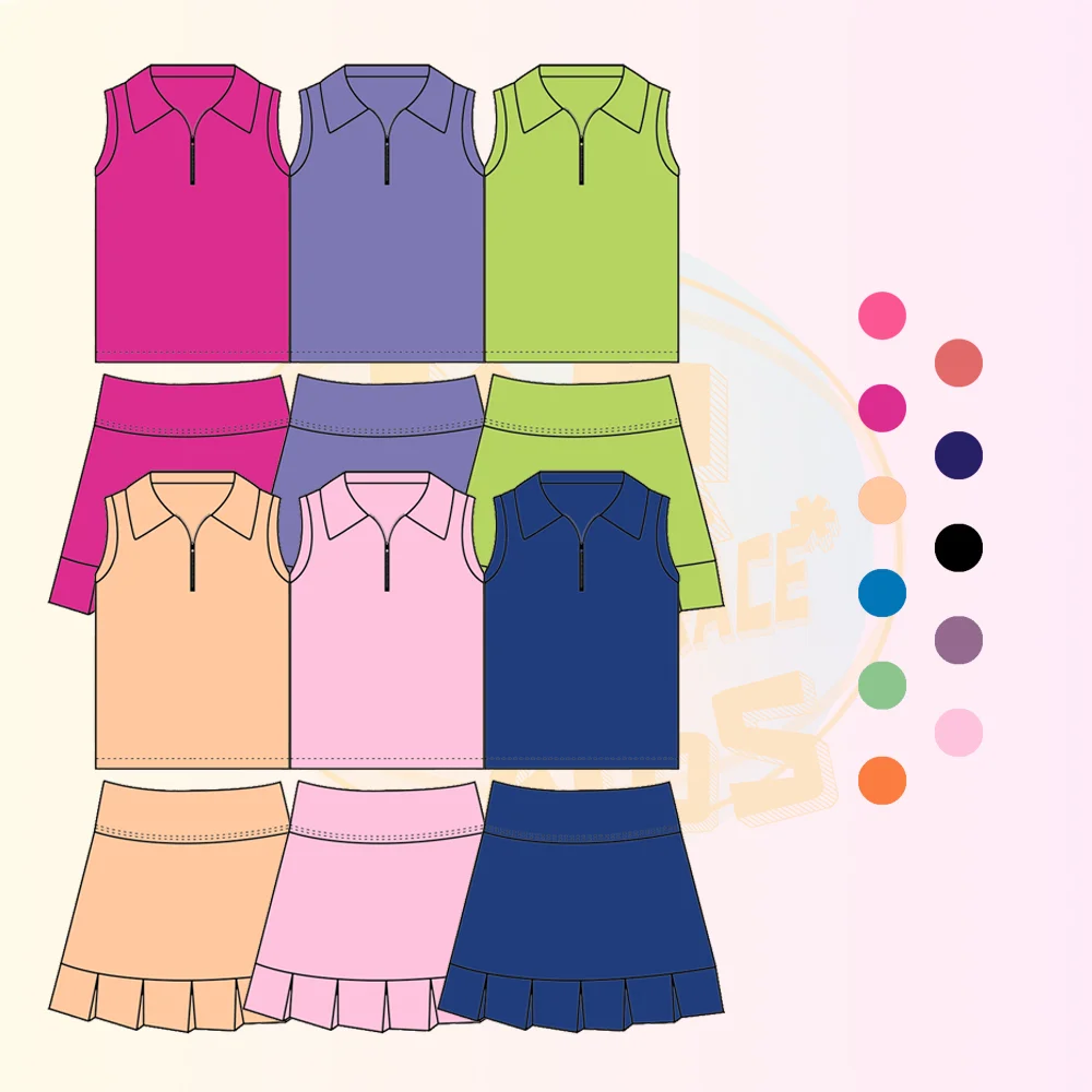 KERUI Custom Golf Solid Color Sleeveless 1/4 zipper top+skirt Girl 2-piece set  Sportswear Gym Running Fitness Outfits
