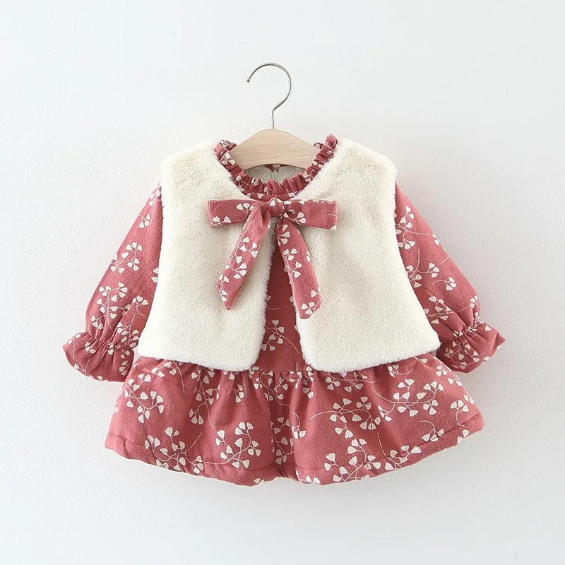 Baby Girls Dress Autumn and Winter Girls Thicken Plus Velvet Long Sleeve Down Dress White Fur Vest 2Pcs Suit Kids warm Clothes