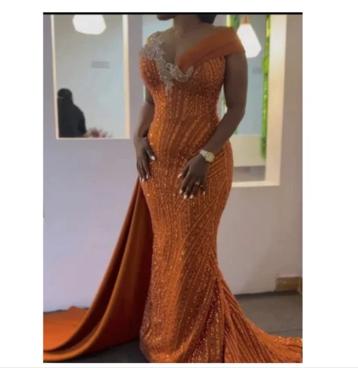 custom orange luxury pearl beaded wedding dress bridal gown evening prom dress vestidos de novia muslim evening dress