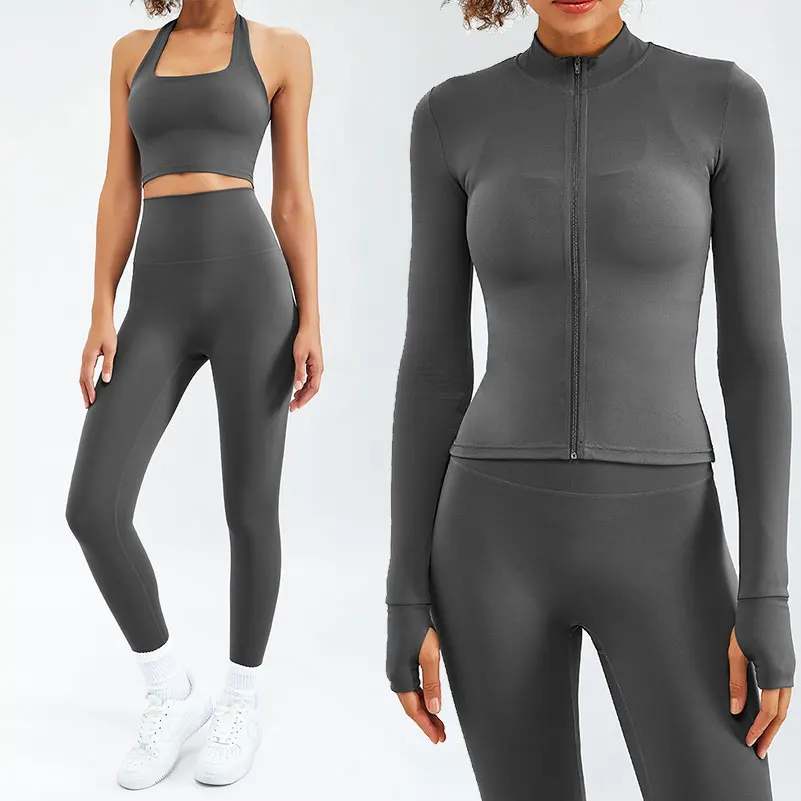 3Pieces Women Home Gym Fitness Set Workout Slim Fit Coat Wear Clothing Suit Sport Bra Yoga Legging Zip Long Sleeve Yoga Set