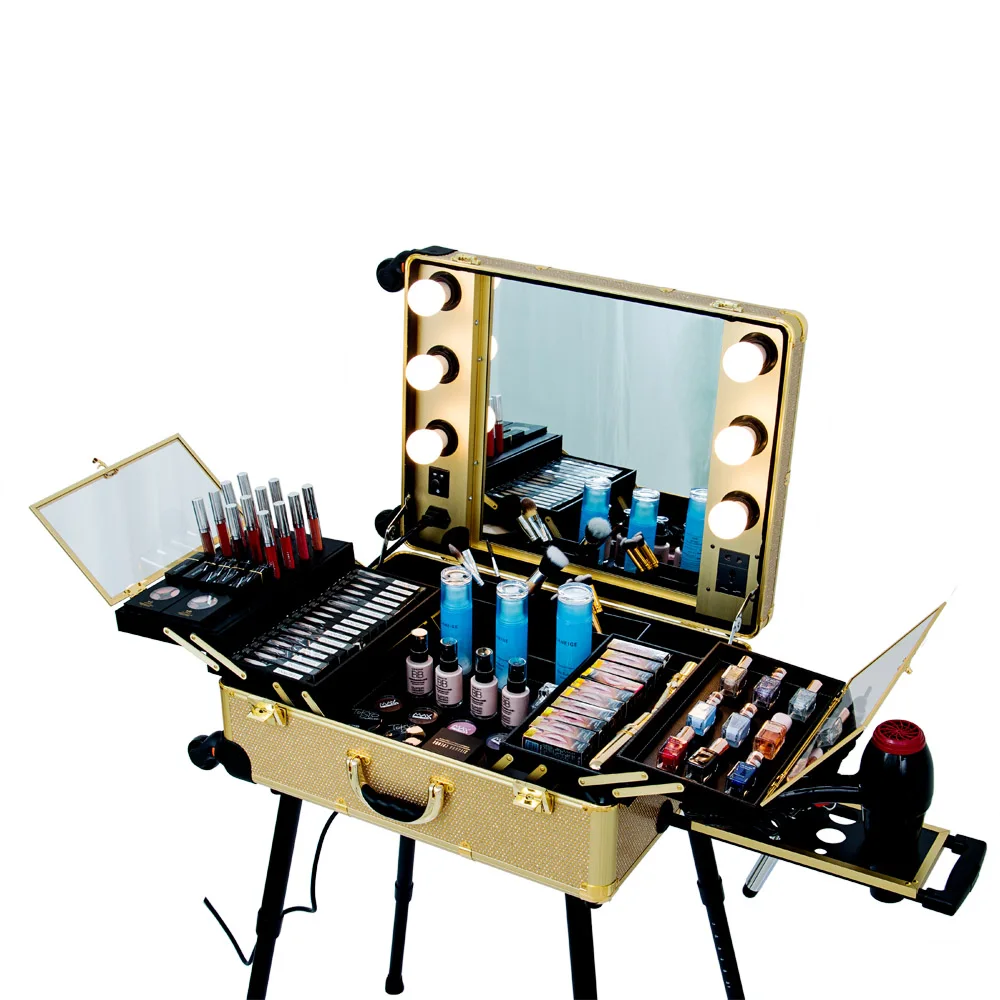 FAMA factory Latest fashion good quality makeup train case makeup station with lights with mirror