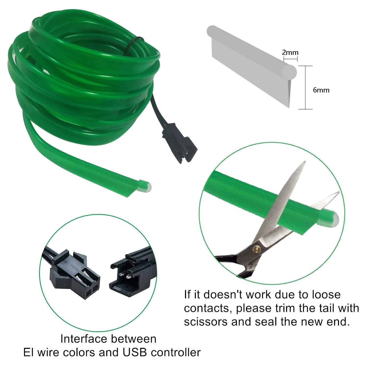 EL Wire Interior Car LED Strip Lights, USB Neon Glowing El Wire with 6mm Sewing Edge, Ambient Lighting Kits for Car, Garden