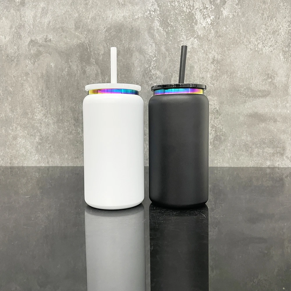 powder coated rainbow plated double wall 16oz metal beer can tumbler with pp lid and straw for laser engrave